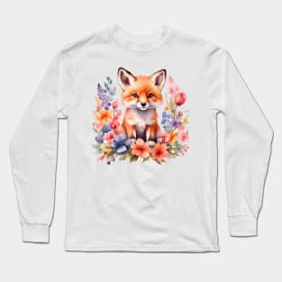 A red fox decorated with beautiful colorful flowers in a watercolor illustration Long Sleeve T-Shirt